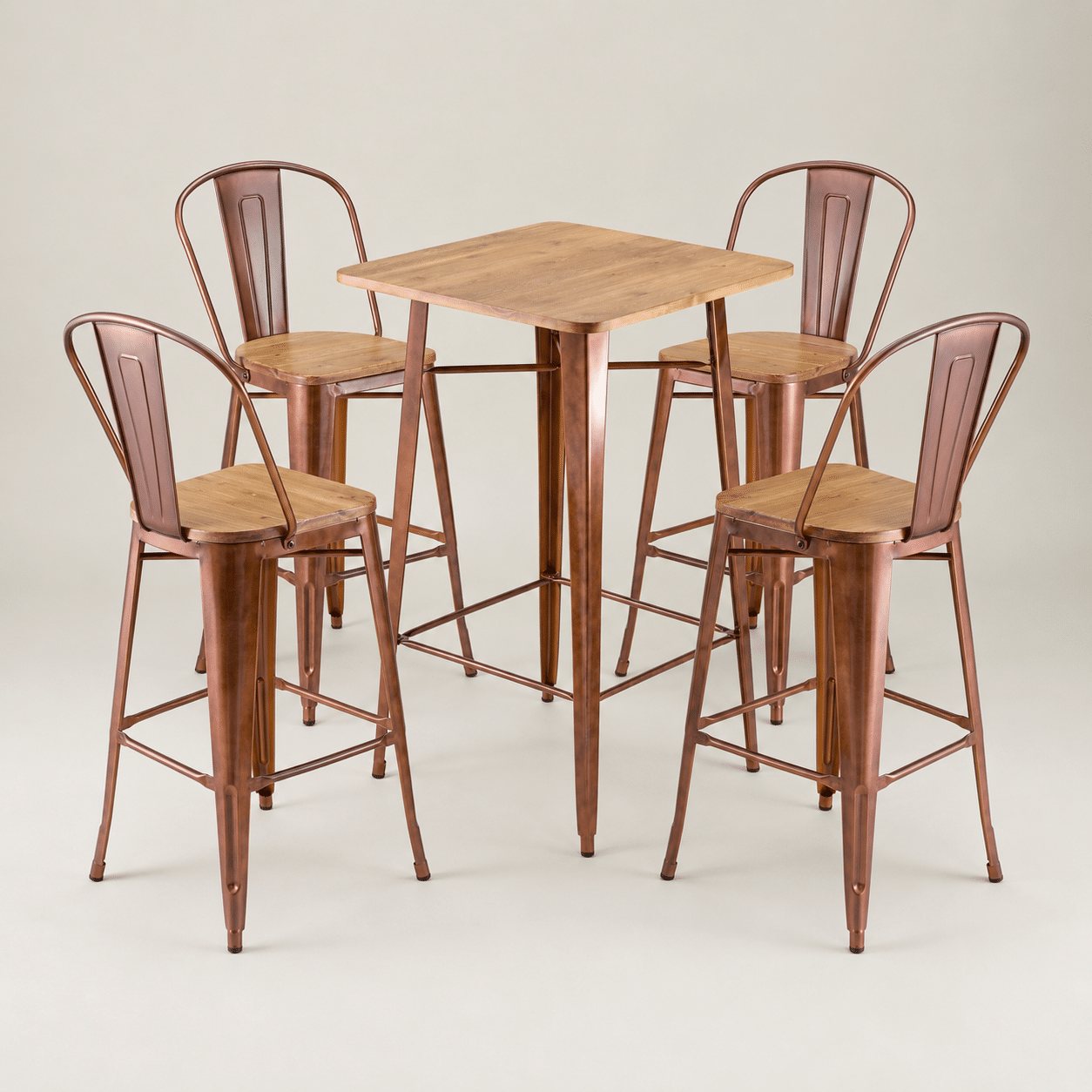 vintage copper bar table & four bar stools1
